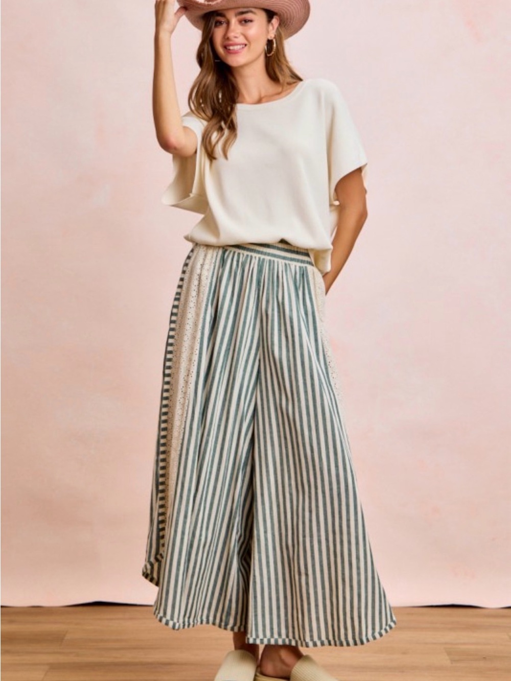 BiBi Cream & Sage striped palazzo Pants with side lace detail - Picture 4 of 5